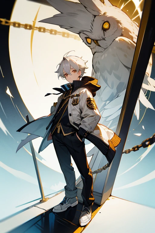 12 year old boy, white hair, gold eyes, full body, owl jacket, Chain Pole Blade, Time Travel, 