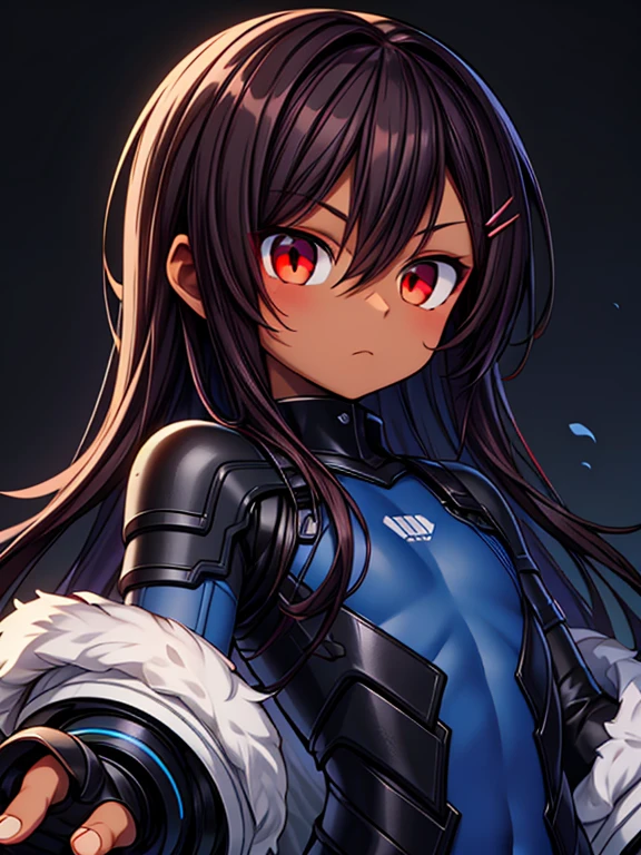 Masterpiece High res, high definition, (((dark skin tone))),dark skin male, dark skin, cute shota,red eyes, black hairpin, brown hair, long dark brown hair,meechs_musame, cyber wear,wearing a black exoskeleton, detached sleeves, black armoured Gauntlets, black tech jacket, black bodysuit,black exoskeleton, black fingerless gloves, blue accents, 
