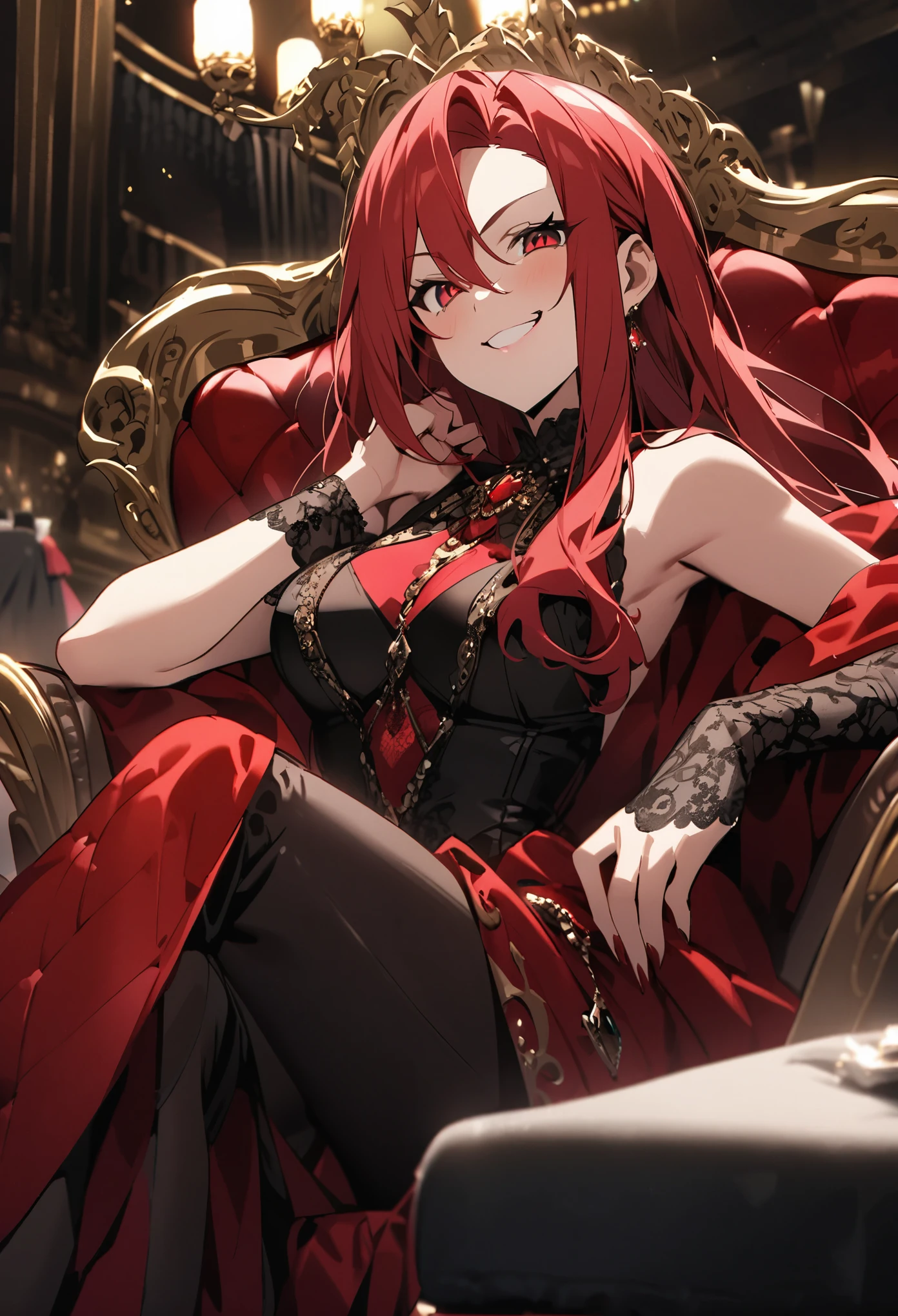 Luxurious chair、gorgeous、Red Hair、Long Hair、Red Eyes、greed、Royalty、Queen、Red Cape、Grin、tooth、Rest on one elbow、Inside the venue