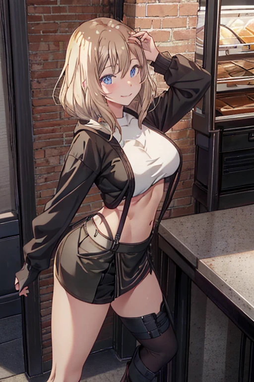 (from above:1.2),(from side:0.9), ((Face)), (Close-Up:0.4), 1female, teacher, wearing a hoodie, bootyshorts, Thicc, small breast, light colored hair, long hair, blue eyes, face to detail, detailed eyes, the background is a pizzaria, smiling, highest quality, (RAW photo:1.2)(Curve,Model,glamor:1.5),Beautiful breasts,(pointed chest:1.0),Farbe_aberration,beautiful detailed shadow,Beautiful eyes,Beautiful body,Beautiful skin,beautifull hands,(medium_breasts:1.5),Brown hair,watching at viewers,black suspenders,Bulging big,breasts,walls: Black miniskirt, garters, Gaze, Small face,bangss,holster,Beautuful Women,hands up,leg holster,Gaze,black boots panty shot, provocation,flank,flank sweat soio,arm,,narrow waist,(with sparkling eyes and a contagious smile),her thin pubic hair, looking at viewer, posed cleavage:1.2,pose muy sexy"