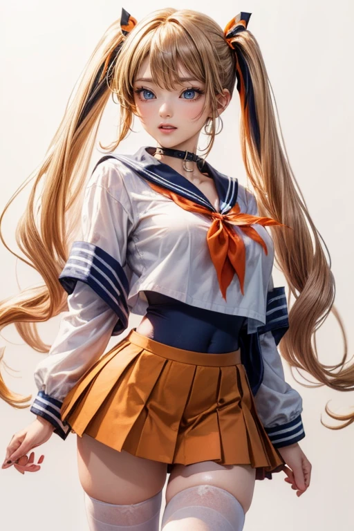 (cowboy shot: 1.5), (white background, simple background: 1.5), (masterpiece:1.5), (big breasts), 1 girl, young woman, (Beautiful Girl:1.5), (extremely detailed and delicate anime face and eyes:1.5), whole body, (natural light, HDR, extremely details CG:1.3), (dynamic posture:1.3), {correct body anatomy}, (wide hips:1.4), (perfect hands:1.3), single focus, toned body, Beautiful Lips, thick lips, {surreal}, {correct posture}, {minutes details}, {detailed body}, {detailed clothing}, {Bright Eyes}, (cleavage: 1.3), {accessories}, {sexy}, {solo}, , sailor suits, (school sailor suit: 1.5), white sailor uniform, (sailor fuku: 1.3), zettai ryoiki, (navy blue pleated skirt: 1.3), light brown skirt, (light brown shirt: 1.5), (light brown long sleeves: 1.3), (navy blue sailor collar: 1.3), serafuku, (white thighhighs: 1.5), white socks, ribbon, (red neckerchief: 1.3), red sailor tie, bracelets, white choker, dark brown loafers, earrings, (hair ribbon: 1.3), necklace, (light smile: 1.3), long hair, (two-tone hair: 1.5), (blonde hair with pink and orange streaks: 1.5), (long twintails: 1.5), (nape hair: 1.5), (sidelocks: 1.3), (aquamarine eyes: 1.3),
