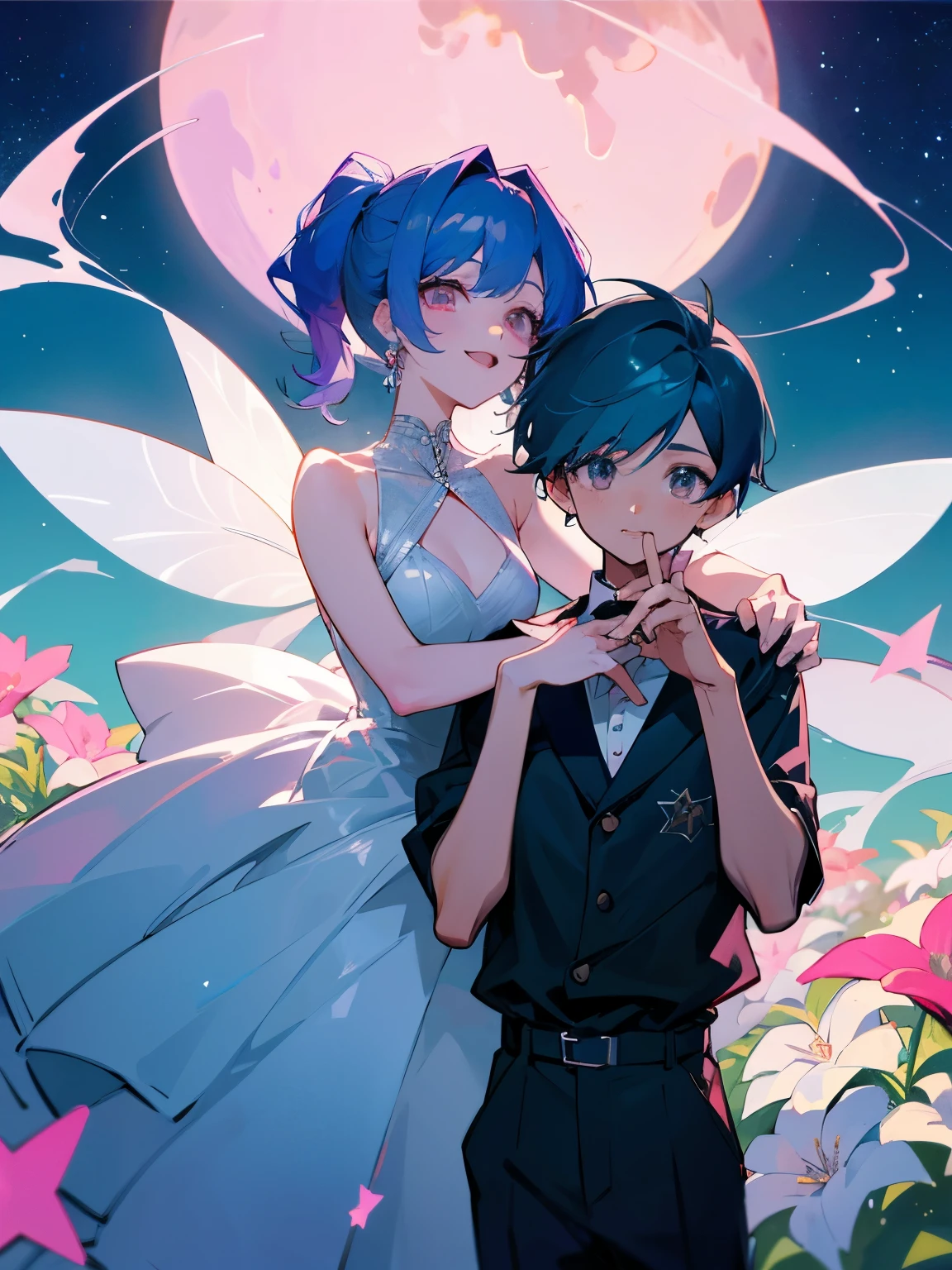cartoon of two boys in cool positions standing close together, ddlc, in the art style of 8 0 s anime, 9 0 s anime style, 90s anime style, in anime style, in an anime style, anime aesthetic, anime vibes, 9 0 s anime aesthetic, 9 0 s anime art style, lofi boys, beautiful background outside, background at night with stars and a moon, fairy lights, beautiful background in a floral garden with fairy lights at night, two cute boys, beautiful faces, two boys, don't extra hands, NO extra hands, generate two boys with NO extra hands, NO extra arm, the two boys has a short hairstyle, one boy has blue hair, the other boy has black hair, pretty faces, two cute pretty boys in a smoking dress, with amazing smile, the two boys has a pretty smile,