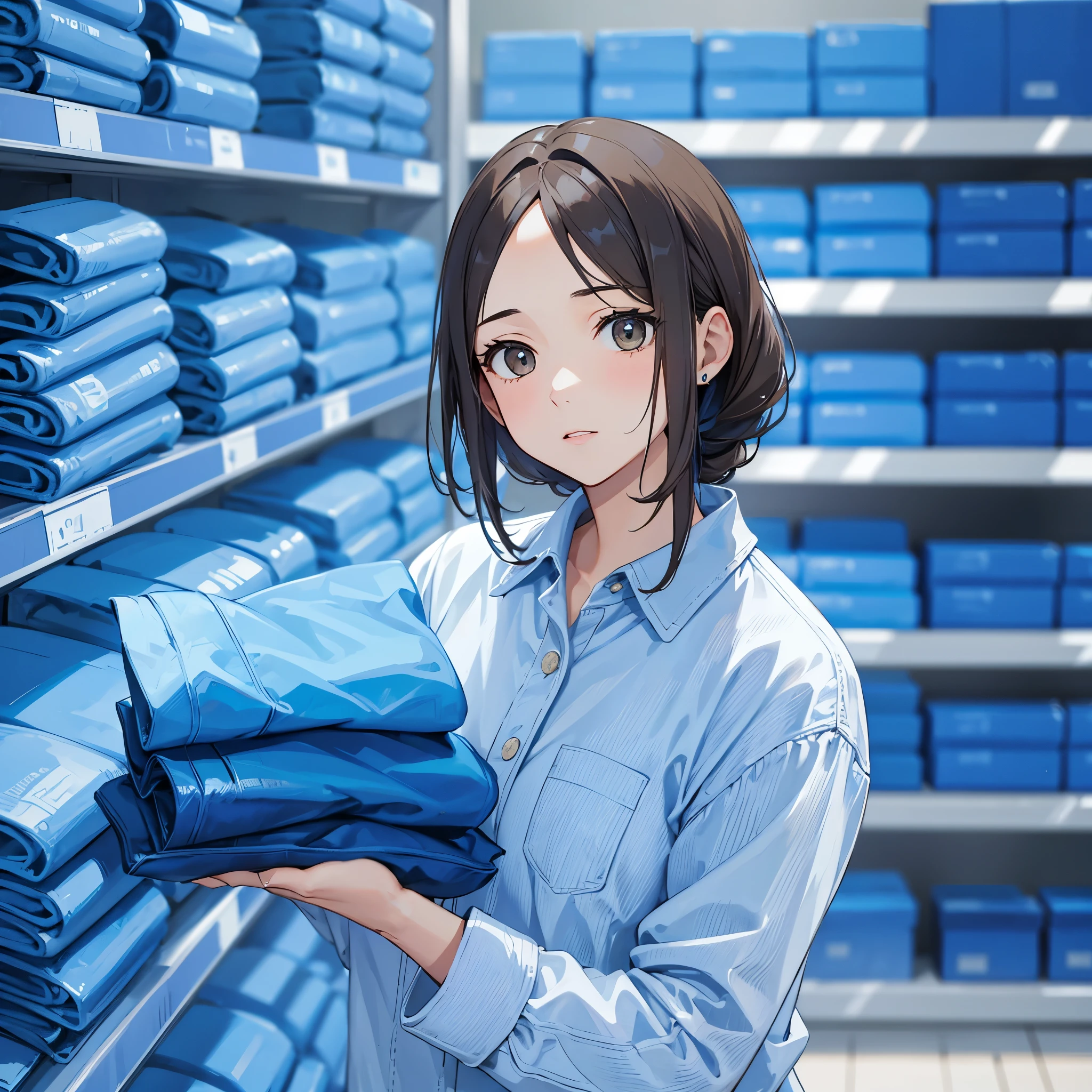 Light brown eyes, high quality, masterpiece, blue store, store with tons of blue denim, woman standing in front of shelves, woman holding denim, long hair, princess cut, wearing distressed blue shirt.