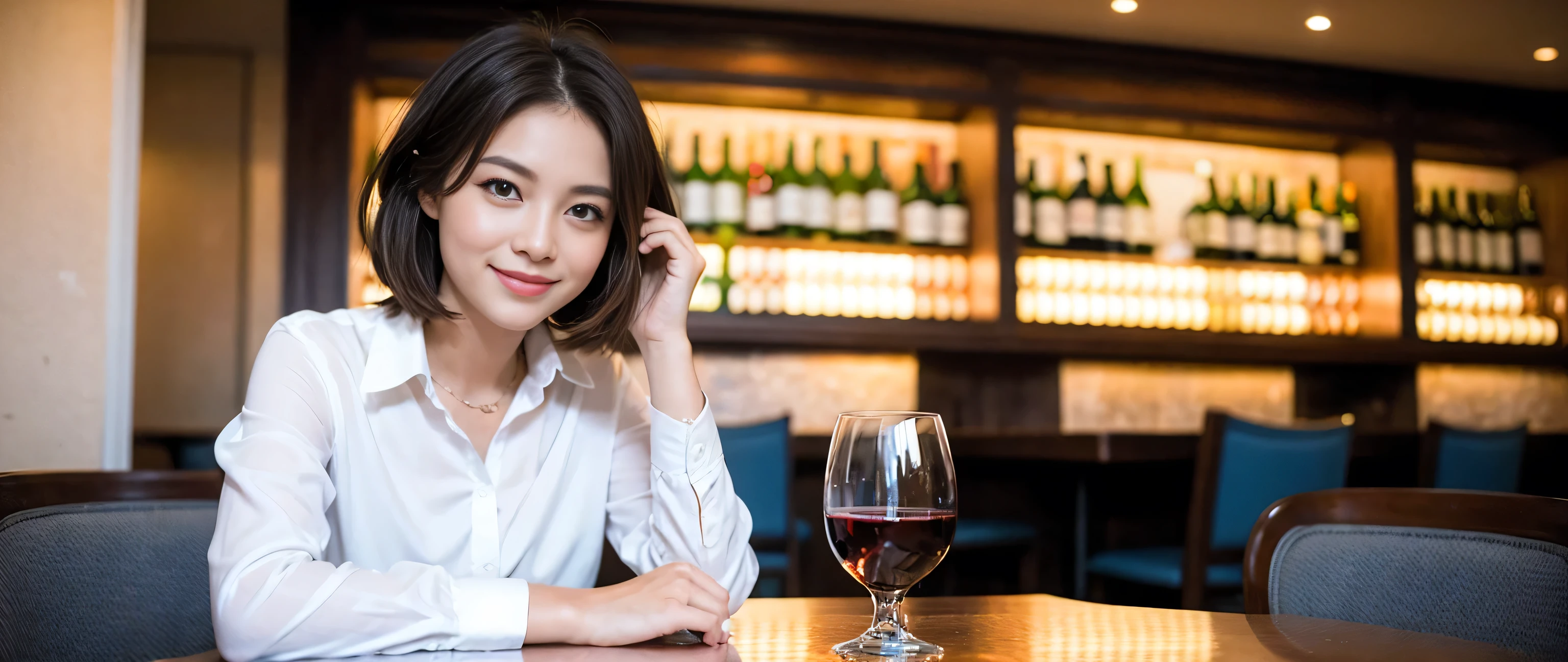 ((highest quality、8k、masterpiece:1.3))、Sharp focus:1.2、Beautiful woman perfect body:1.4、Slim body、((Bob Hale、Straight hair:1.2))、(to be born, highest quality, masterpiece:1.5), (Realistic, Intricate details:1.2), Wine on the table、, Put the light on your face、Amazing view of the sunset sky and clouds、Amazing mountain views、A bright smile、A lovely woman with a smile、Bright image、 The beauty of wine, Beautiful Face, blue eyes, The light shines on your face, Blushing, short hair,Bright Face、Fox face、 (42 years old), 39 years old, Lady、red wine 、Appetizers、Italian food、Wine bottle、Champagne、sparkling wine、Two beauties、Brown Hair、Shortcuts、Long sleeve shirt、dress、Pretty Woman 1, (Slim face), (The body is slim), (Brown Hair), (Shortcuts), cheeks turn a little red,Attractive beauty、, Out of the window, A beautiful and detailed night view unfolds.........., restaurant, In a prominent place (From the waist up) Nova Frog Style, actress, model, Upper Body, White wine, slim, wine glass, A wine glass placed in the middle, smile, (smile: 1.15), Beautiful fine grain, Depth f/2,saturation, High Contrast, Strong light and shadow,Moist Body:1.5、3D texture、Delicate eyes、Brown Hair、The hair is very shiny、