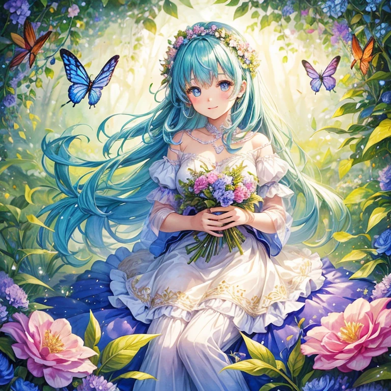 Beautiful girl in a fairy costume, Surrounded by flowers and butterflies. content: Watercolor. style: Whimsical and delicate, Like an illustration in a children&#39;s book.、Camel Toe、Giant tit、Nipple Puffs、Cleavage、Plump、Super big breasts、Super big butt