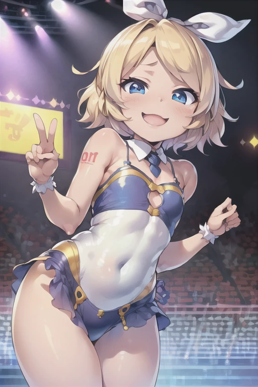 (((masterpiece))), ((highest quality)), ((Very detailed)), ((High resolution)), ((8k)), ((Anatomically correct)), The correct number of fingers, One Woman, Kagamine Rin, Vocaloid, Blonde Hair, short hair, Short, Very cute woman, delicate, Charming smile, Blue eyes, Bright Eyes, Best moment, Vivid eyes, Beautiful Skin, Cute face, delicateな腕, Detailed skin texture, Intricate details, Very detailedな顔, Beautiful Eyes, Beautiful curves, View your viewers, Cheerful expression, Music Stage, Beautiful thighs, Stage Costumes, upright, Model standing, Beautiful standing posture,