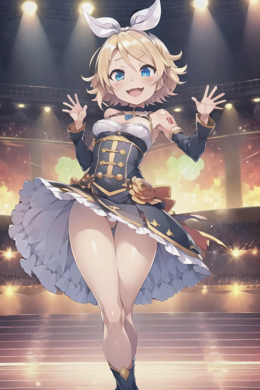 (((masterpiece))), ((highest quality)), ((Very detailed)), ((High resolution)), ((8k)), ((Anatomically correct)), The correct number of fingers, One Woman, Kagamine Rin, Vocaloid, Blonde Hair, short hair, Short, Very cute woman, delicate, Charming smile, Blue eyes, Bright Eyes, Best moment, Vivid eyes, Beautiful Skin, Cute face, delicateな腕, Detailed skin texture, Intricate details, Very detailedな顔, Beautiful Eyes, Beautiful curves, View your viewers, Cheerful expression, Music Stage, Beautiful thighs, Stage Costumes, upright, Model standing, Beautiful standing posture,