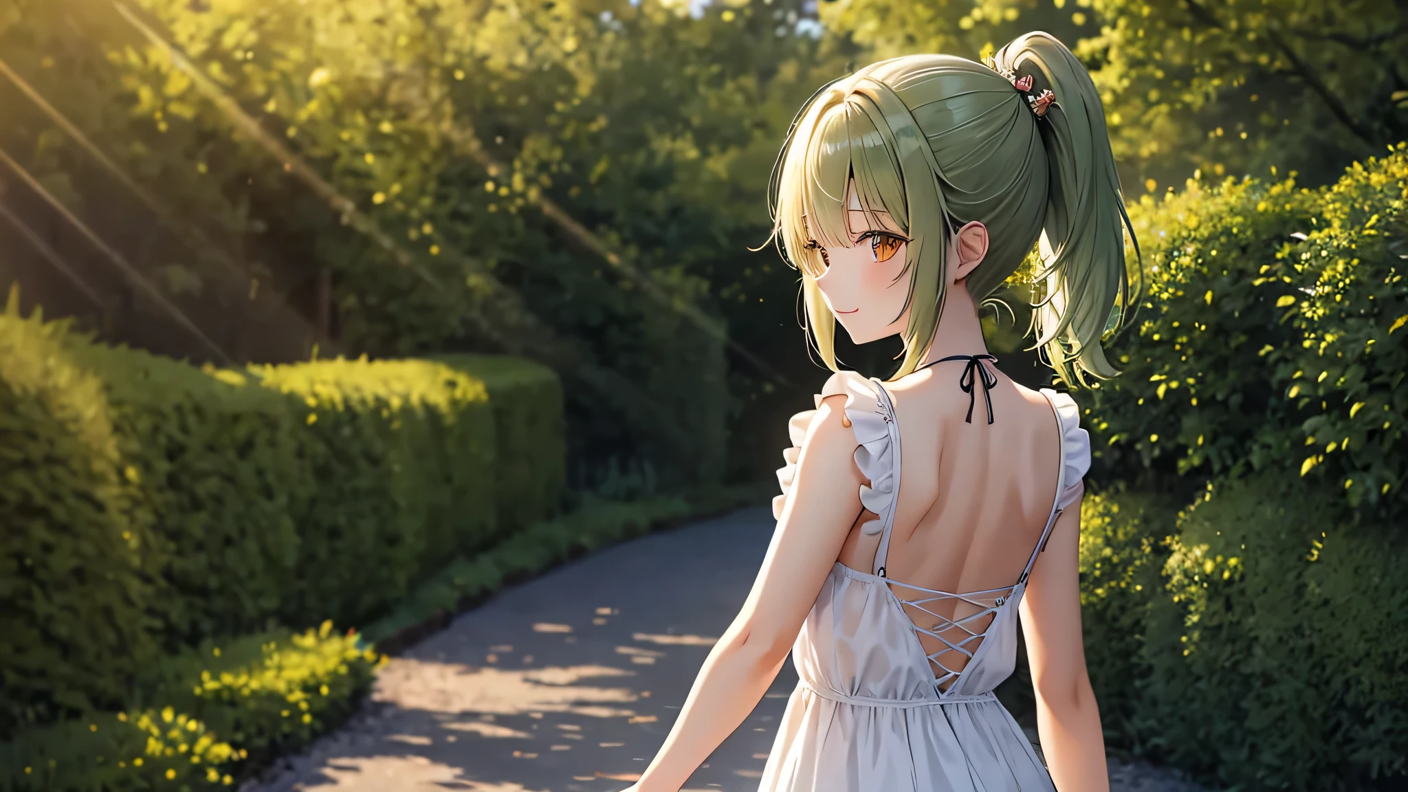 masterpiece、evening、In the open garden、One girl、（Ash green hair、Medium length ponytail、Straight bangs、A little hair on the side、Brown eyes、hair ornaments：orange）、（A tight, shiny, backless, short-sleeved, light green Western-style dress）、A kind smile、Sparkling、Soft Light、