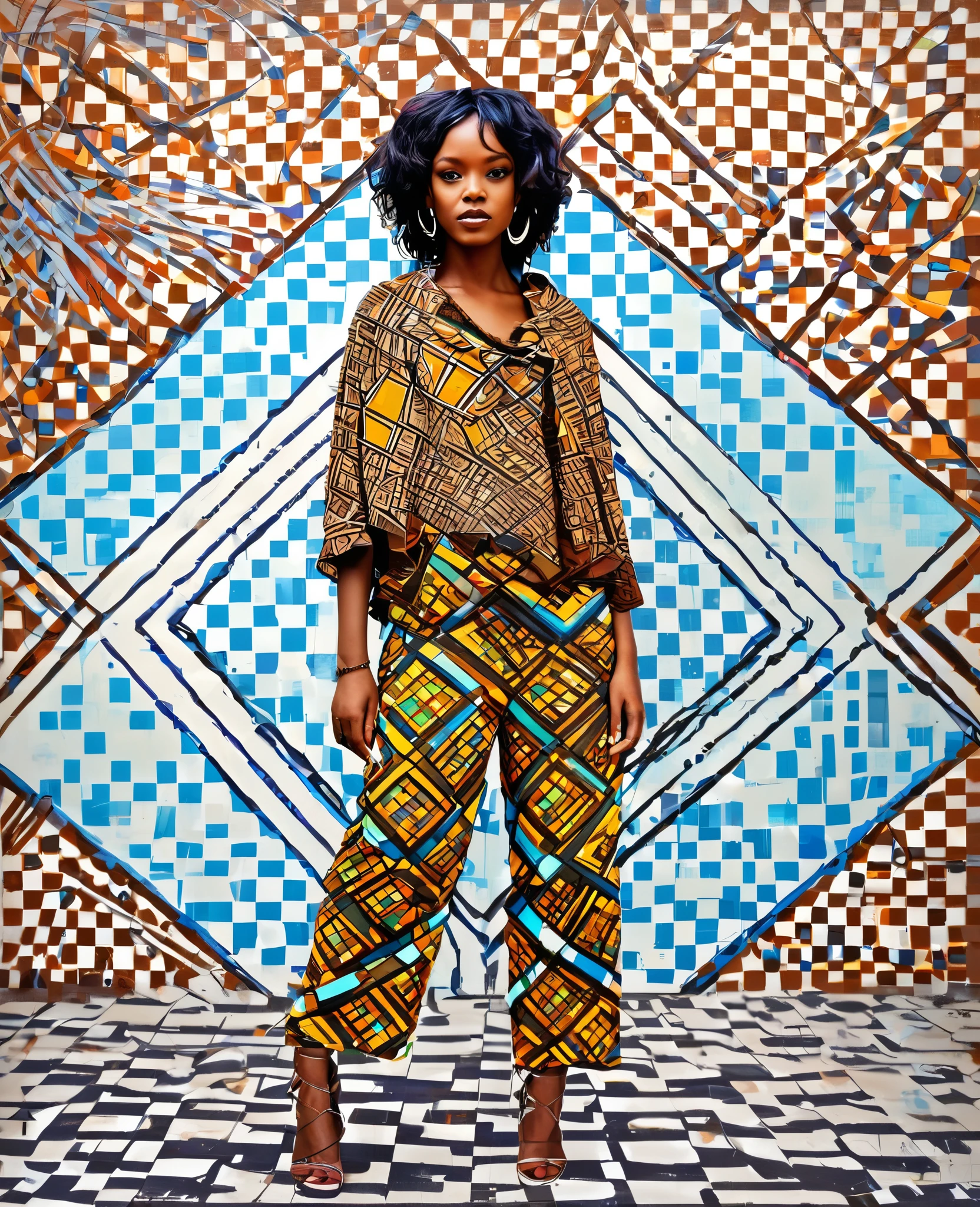 A beautiful painting by a 6-year-old of an African woman dressed in african designed clothes, On a geometric background of squares and rectangles, Carne Griffiths 的Graffiti, behance, Graffiti, Chromatic Scale, artwork, Vibrant colors