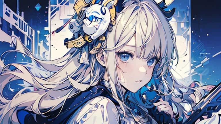 Blonde girl anime, Aesthetic body, Dark blue eyes, Wearing white clothes with blue details, On a spaceship, With gold necklace, Thick Ass, Big Ass, Thick body, The whole body of the girl is shown., (((Wearing a technical Hannya mask with fangs and horns)))
