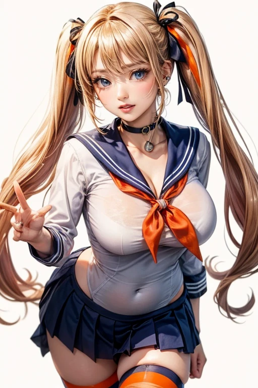(cowboy shot: 1.5), (white background, simple background: 1.5), (masterpiece:1.5), (big breasts), 1 girl, young woman, (Beautiful Girl:1.5), (extremely detailed and delicate anime face and eyes:1.5), whole body, (natural light, HDR, extremely details CG:1.3), (dynamic posture:1.3), {correct body anatomy}, (wide hips:1.4), (perfect hands:1.3), single focus, toned body, Beautiful Lips, thick lips, {surreal}, {correct posture}, {minutes details}, {detailed body}, {detailed clothing}, {Bright Eyes}, (cleavage: 1.3), {accessories}, {sexy}, {solo}, , sailor suits, (school sailor suit: 1.5), white sailor uniform, (sailor fuku: 1.3), zettai ryoiki, (navy blue pleated skirt: 1.3), light brown skirt, (light brown shirt: 1.5), (light brown long sleeves: 1.3), (navy blue sailor collar: 1.3), serafuku, (white thighhighs: 1.5), white socks, ribbon, (red neckerchief: 1.3), red sailor tie, bracelets, white choker, dark brown loafers, earrings, (hair ribbon: 1.3), necklace, (light smile: 1.3), long hair, (two-tone hair: 1.5), (blonde hair with pink and orange streaks: 1.5), (long twintails: 1.5), (nape hair: 1.5), (sidelocks: 1.3), (aquamarine eyes: 1.3),