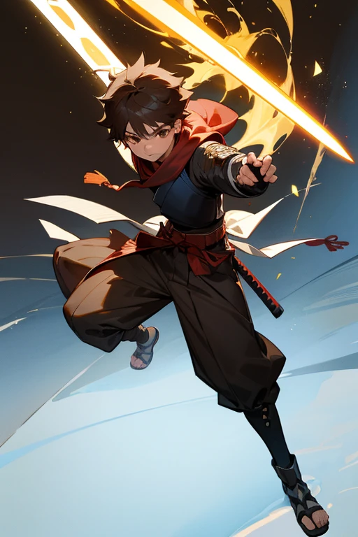 12 year old boy, briwn hair, brown eyes, sabertooth Gi, Sabers, full body, Kendo,