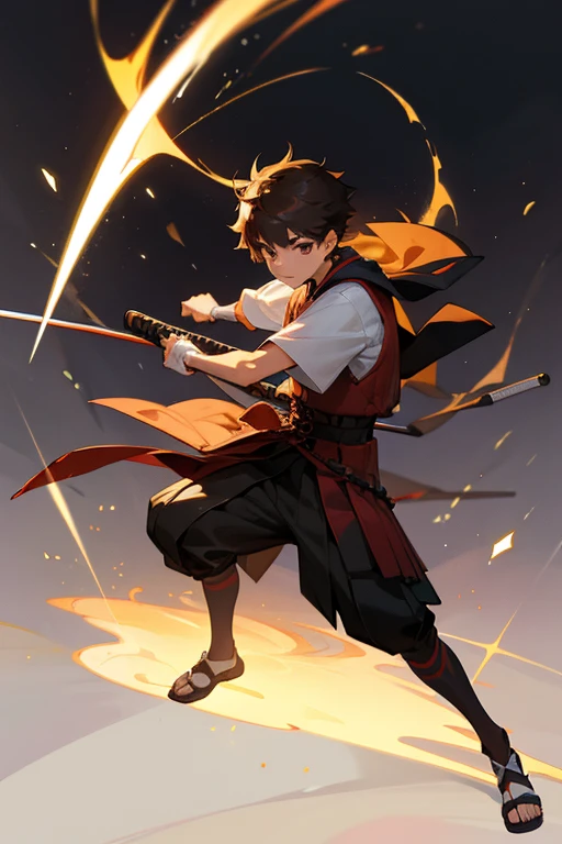 12 year old boy, briwn hair, brown eyes, sabertooth Gi, Sabers, full body, Kendo,