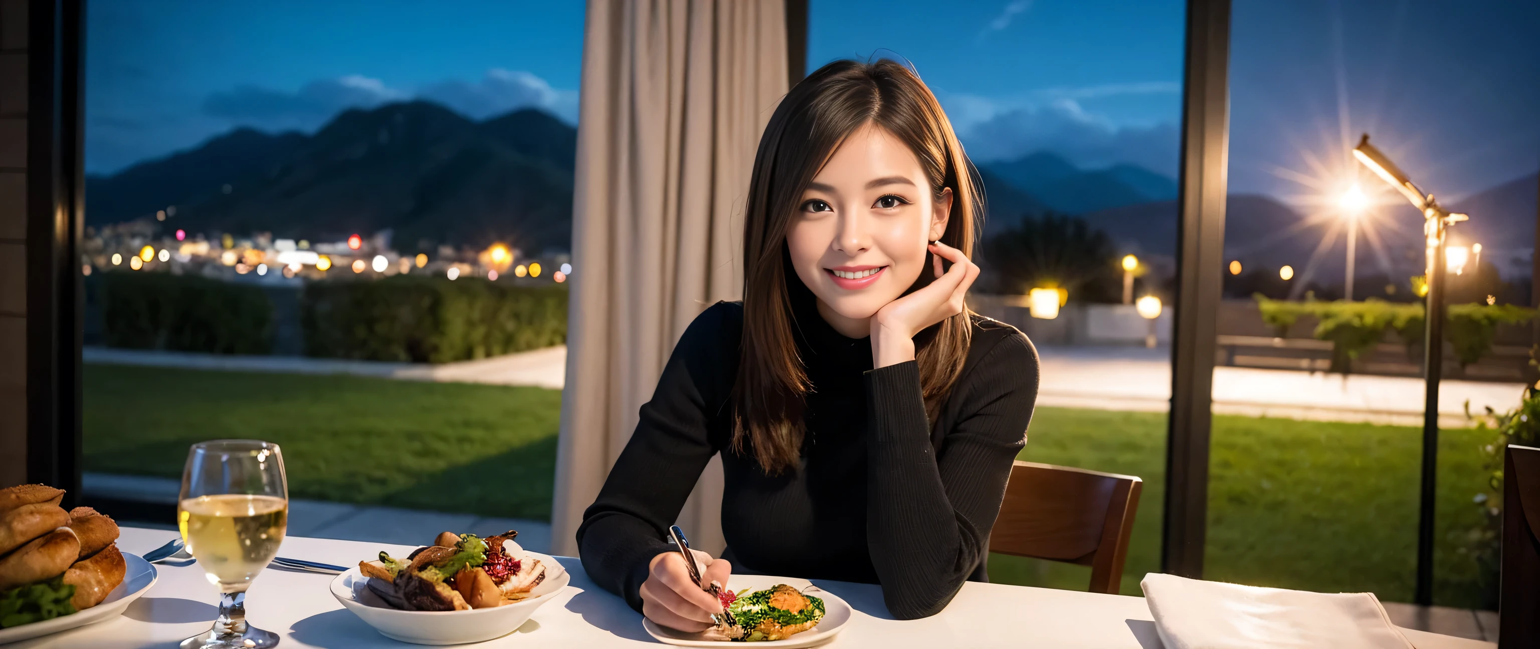 ((highest quality、8k、masterpiece:1.3))、Sharp focus:1.2、Beautiful woman perfect body:1.4、Slim body、((Bob Hale、Straight hair:1.2))、(to be born, highest quality, masterpiece:1.5), (Realistic, Intricate details:1.2), Ultra-high resolution, Put the light on your face、Amazing view of the sunset sky and clouds、Amazing mountain views、A bright smile、A lovely woman with a smile、Bright image、2. The beauty of wine, Beautiful Face, blue eyes, The light shines on your face, Blushing, short hair,Bright Face、Fox face、 (36 years old), 39 years old, Lady、red wine 、Appetizers、Italian food、Wine bottle、Champagne、sparkling wine、Two beauties、Brown Hair、Shortcuts、Long sleeve shirt、dress、Pretty Woman 1, (Slim face), (The body is slim), (Brown Hair), (Shortcuts), cheeks turn a little red,Attractive beauty、, Out of the window, A beautiful and detailed night view unfolds.........., restaurant, In a prominent place (From the waist up) Nova Frog Style, actress, model, Upper Body, White wine, slim, wine glass, A wine glass placed in the middle, smile, (smile: 1.15), Beautiful fine grain, Depth f/2,saturation, High Contrast, Strong light and shadow,Moist Body:1.5、3D texture、Delicate eyes、Brown Hair、The hair is very shiny、