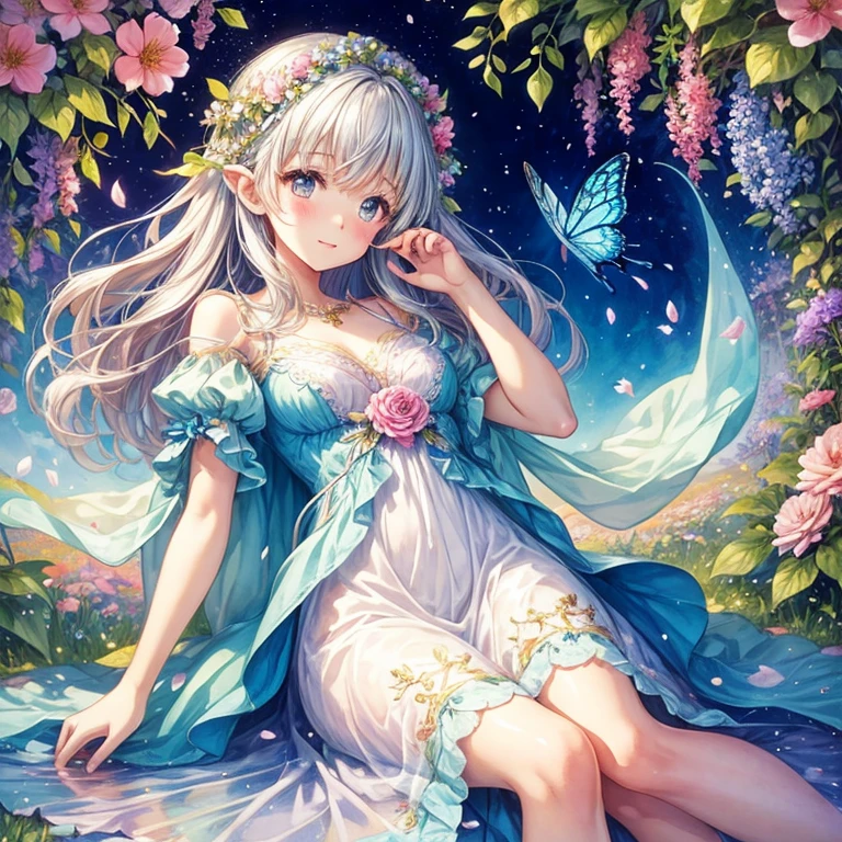 Beautiful girl in a fairy costume, Surrounded by flowers and butterflies. content: Watercolor. style: Whimsical and delicate, Like an illustration in a children's book.、Camel Toe、Giant tit、Nipple Puffs、Cleavage、Plump、Super big breasts、Super big butt