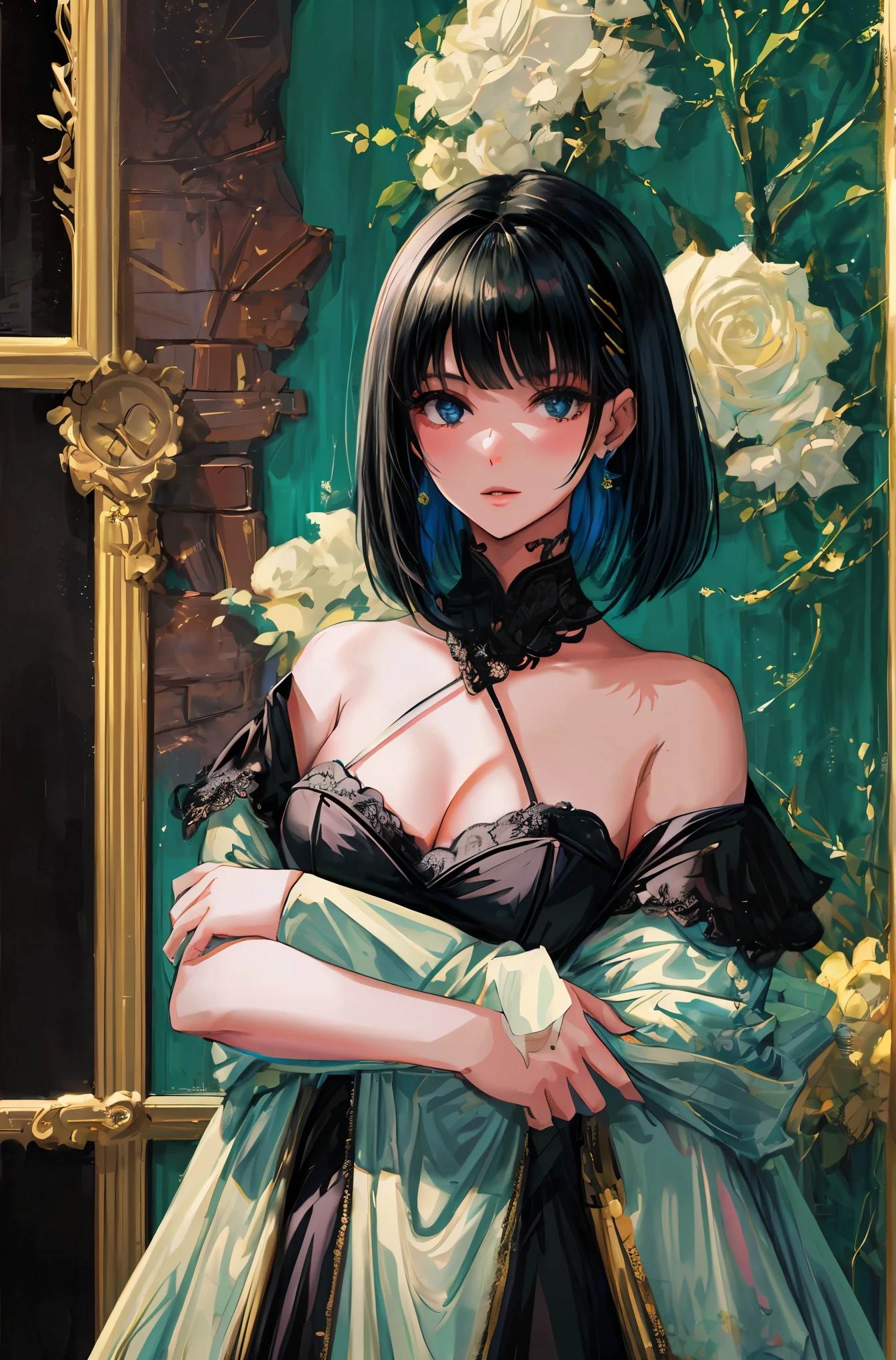 (top-quality、​masterpiece:1.2) 1woman, detailed portraiture art of a character, loose oil paint, thick pain, portrait, video game character art, female, black background background, stunning, perfect artwork, clean bob cut, black dress, black hair dyed green at the ends, blue eyes, earrings
