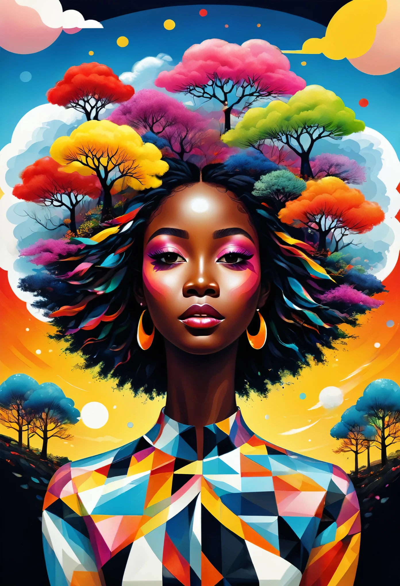 (masterpiece, best quality:1.2),art illustration,black girl portrait,often neck,hair by clouds,Baiyun,The composition,stitching,dislocation,trees, multi coloured, , Contrasting colors, in the spring landscape, Abstract surreal colors,rich and colorful, popular geometric surrealism, multi color dream, icon design, Rozmin trip, vector art,Exaggerated expression,