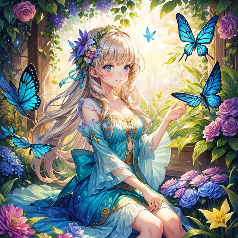 Beautiful girl in a fairy costume, Surrounded by flowers and butterflies. content: Watercolor. style: Whimsical and delicate, Like an illustration in a children&#39;s book.、Camel Toe、Giant tit、Nipple Puffs、Cleavage、Plump、Super big breasts、Super big butt、wing