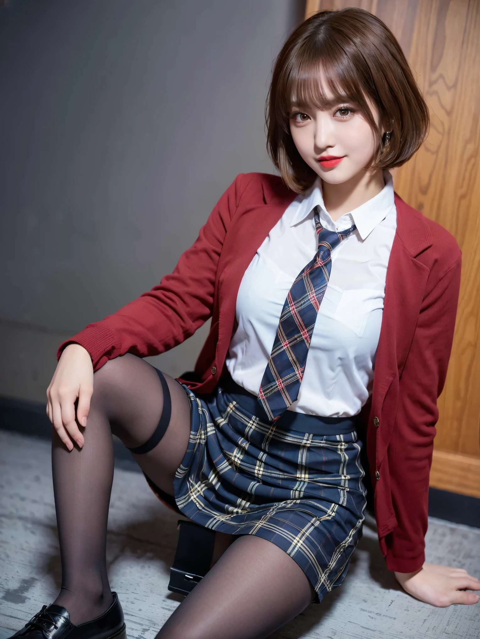 (8k), (highest quality: 1.2), (Realistic), (Realistic: 1.37), Ultra-high resolution, (1 girl), cute, Embarrassed smile, Mouth closed, Red Lip,Red cheeks,Red eyeshadow,Beautiful details, Beautiful Nose, Blonde super short bob cut, Giant Dulcefo, pork, Thighs,Self Snap,University uniform,A simple blazer,Pleated skirt,(The skirt and tie are tartan checked....:1.3),(Sitting:1), Sit on the ground,(Hug your feet:1), (natural pantyhose:1.2),(from the front:1.3),