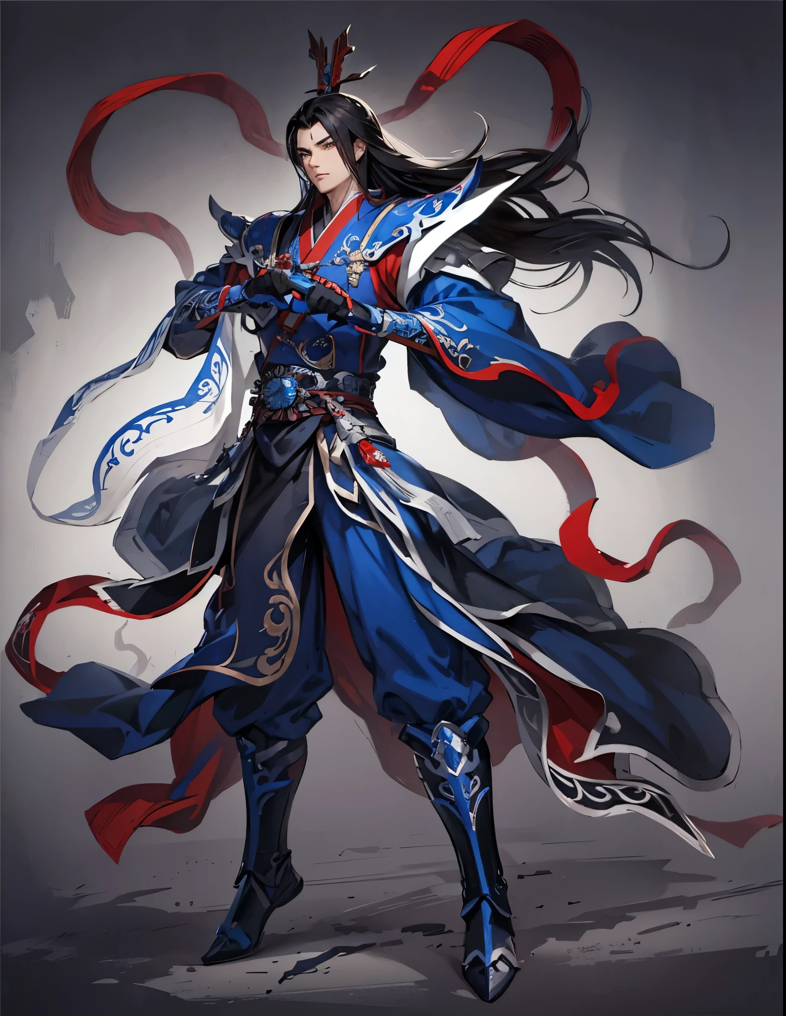 male，warrior，Blue clothes with red edges，Red belt，Black hair，Three Kingdoms，warrior，Gray background，White background