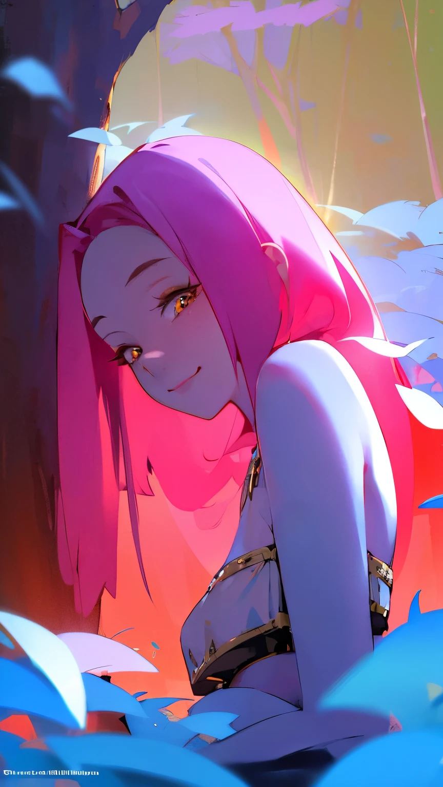 masterpiece, best quality, gorgeous pale american cute girl, smiling, (crop top), pink hair, straight hair, old chinese clothes, lean against a tree, field, flowers smiling, perfectly symmetrical face, detailed skin, elegant, alluring, attractive, amazing photograph, masterpiece, best quality, 8K, high quality, photorealistic, realism, art photography, Nikon D850, 16k, sharp focus, masterpiece, breathtaking, atmospheric perspective, diffusion, pore correlation, skin imperfections, DSLR, 80mm Sigma f2, depth of field, intricate natural lighting, looking at camara,, latex, golden eyes, femdom, view from down