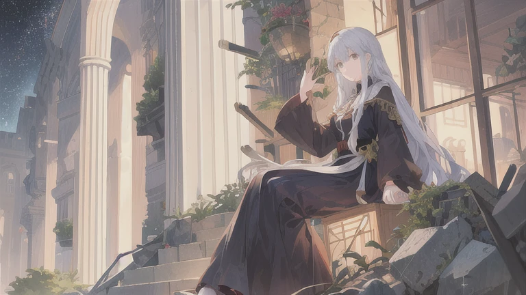 Anime girl's long hair, From the Night of the Ark, Fine details. (One girl:1.5+woman_character:0.8+sit:1.2+rubble+Arc Knight, Girls' Frontline: 1.2, Very detailed), (Arc Knight: 1.2, Girls' Frontline: 1.2, woman的な美学), Style Shadow Universe, universeの光景 (universe), Girl Front. (Art Station:0.8+Pixiv:1.2+Guweiz on Art Station)