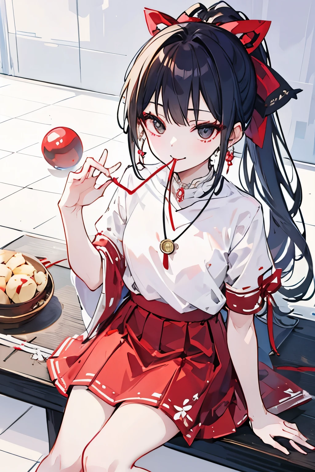 White T-shirt、Red Skirt、
Necklace with flat and round ornaments、black eye、
Long ponytail、Tie with a red ribbon、
A smile with a mouth tied、Looking straight at the camera、
In the context of the Taisho period、sitting on a tile、