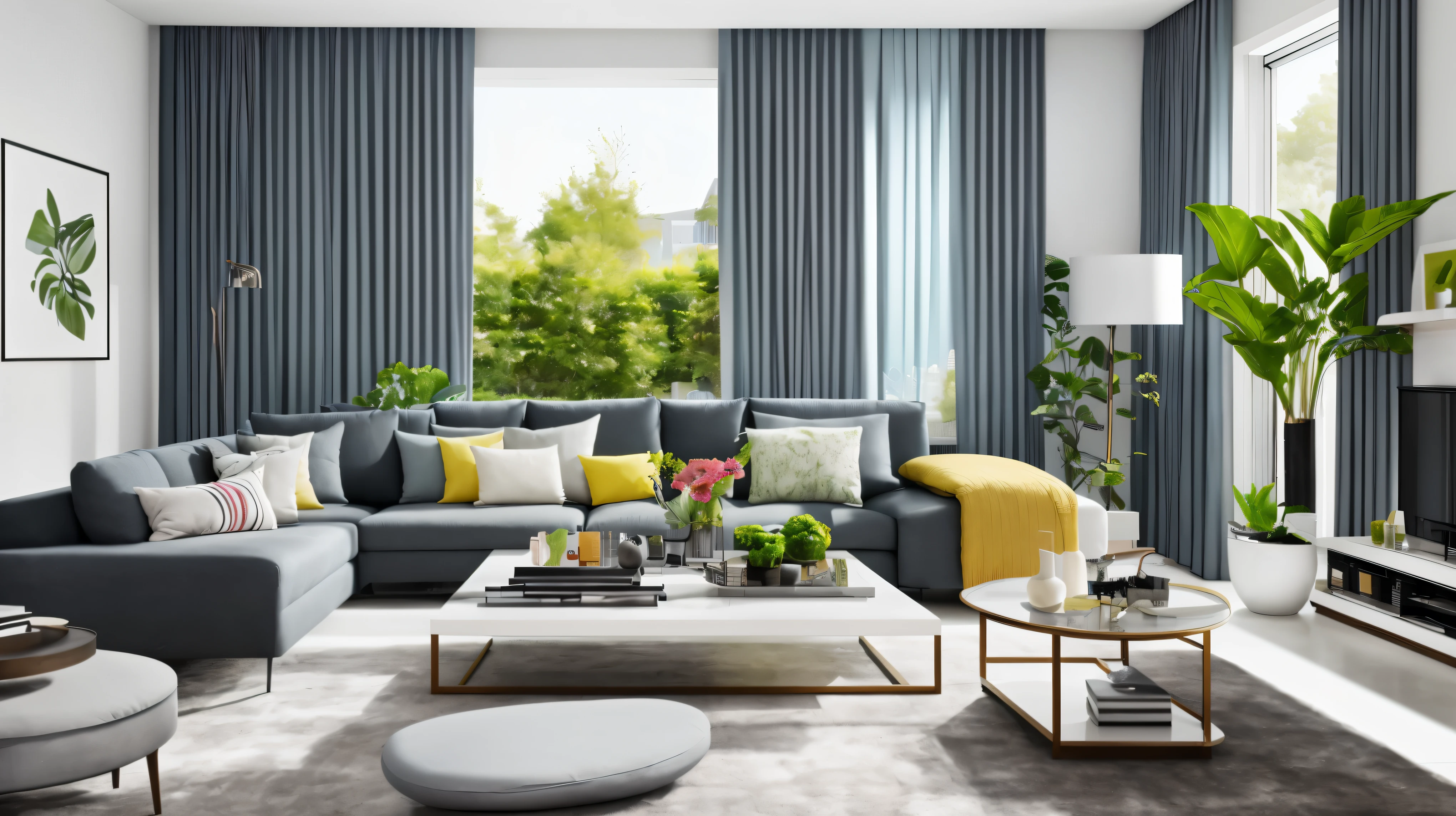 best quality，masterpiece，Interior design，unmanned，modern style，Living room，Advanced Plants，curtain，sofa，coffee table，daytime，Sunlight