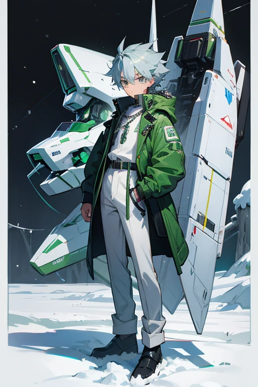 12 year old boy, silver, emerald eyes, full body, snow pup jacket, crystal Chain, mecha, sci-fi, mad scientist, 