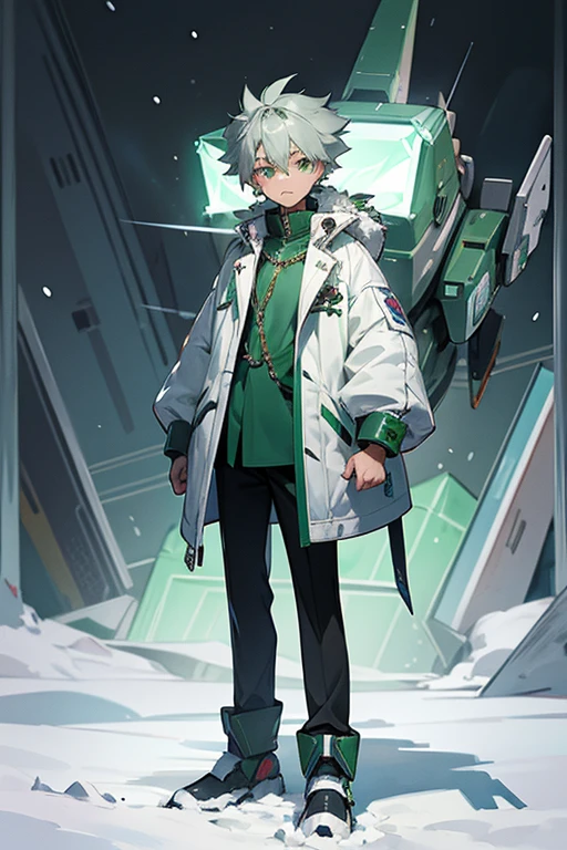 12 year old boy, silver, emerald eyes, full body, snow pup jacket, crystal Chain, mecha, sci-fi, mad scientist,