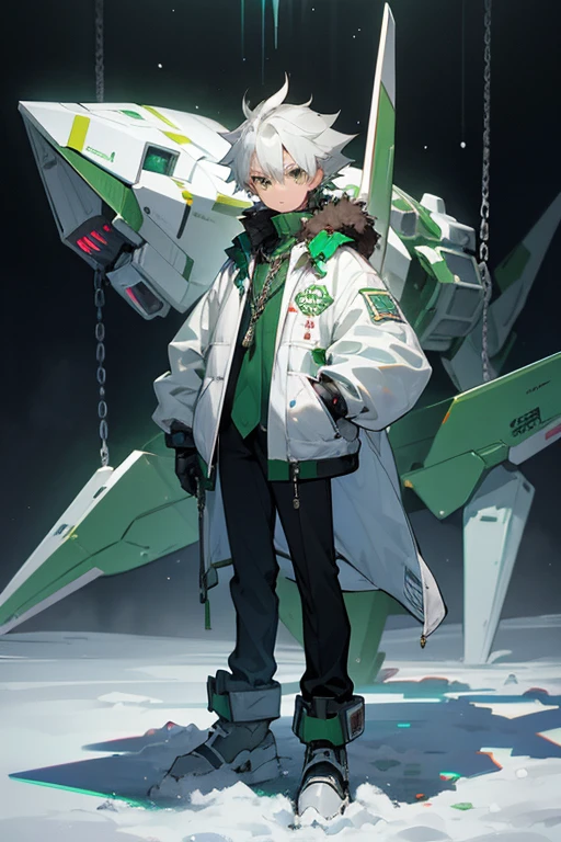 12 year old boy, silver, emerald eyes, full body, snow pup jacket, crystal Chain, mecha, sci-fi, mad scientist,