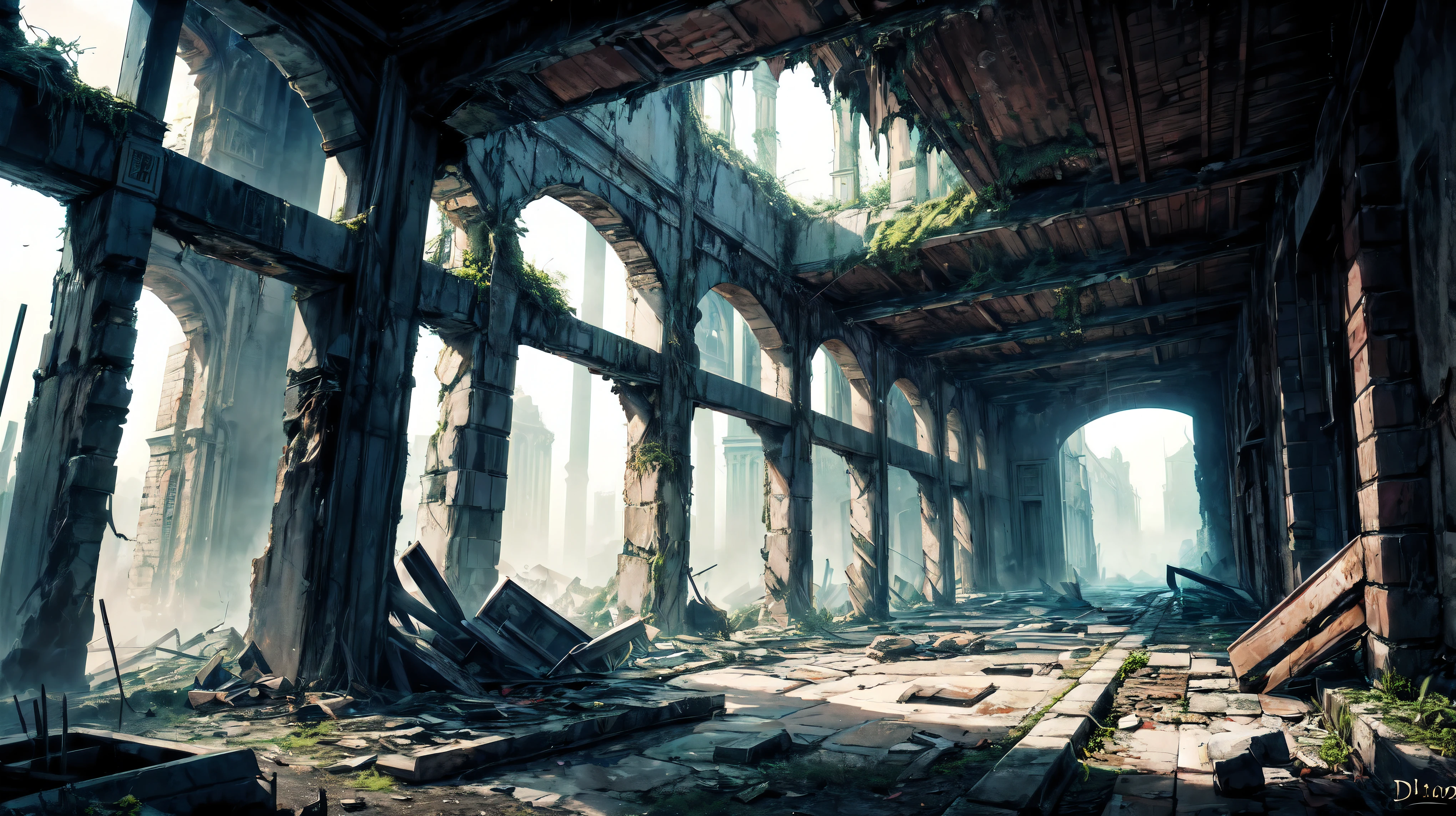 (Dramatic angle,Dynamic angle), (best quality,4k,8k,highres,masterpiece:1.2),ultra-detailed,(realistic,photorealistic,photo-realistic:1.37),(Ruins, Post Revelation:1.1), monochrome,dark and eerie,ancient,mysterious,crumbling architecture,overgrown with nature,collapsed buildings,twisted metal,decay,destroyed civilization,majestic ruins,faded glory,fallen statues,dust and debris,dramatic lighting,beam of sunlight,shadows and contrasts,climbing plants,dilapidated structures,symbol of the past,forgotten memories,loneliness,desolation,destruction,the passage of time,rust and moss,haunting atmosphere,ghostly presence,melancholic beauty,wreckage,remnants of a bygone era,lost civilization,history erased,echoes of the past,at the edge of oblivion.