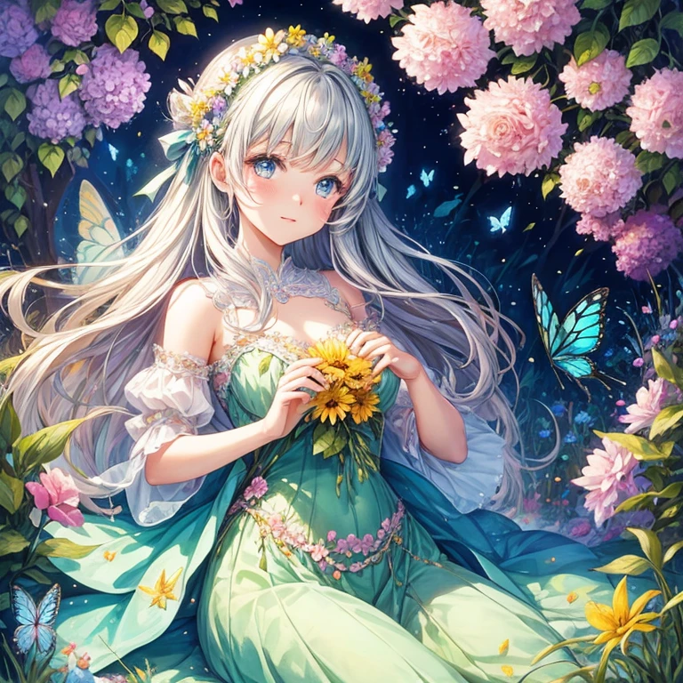 Beautiful girl in a fairy costume, Surrounded by flowers and butterflies. content: Watercolor. style: Whimsical and delicate, Like an illustration in a children&#39;s book.、Camel Toe、Giant tit、Nipple Puffs、Cleavage、Plump、Super big breasts、Super big butt、wing