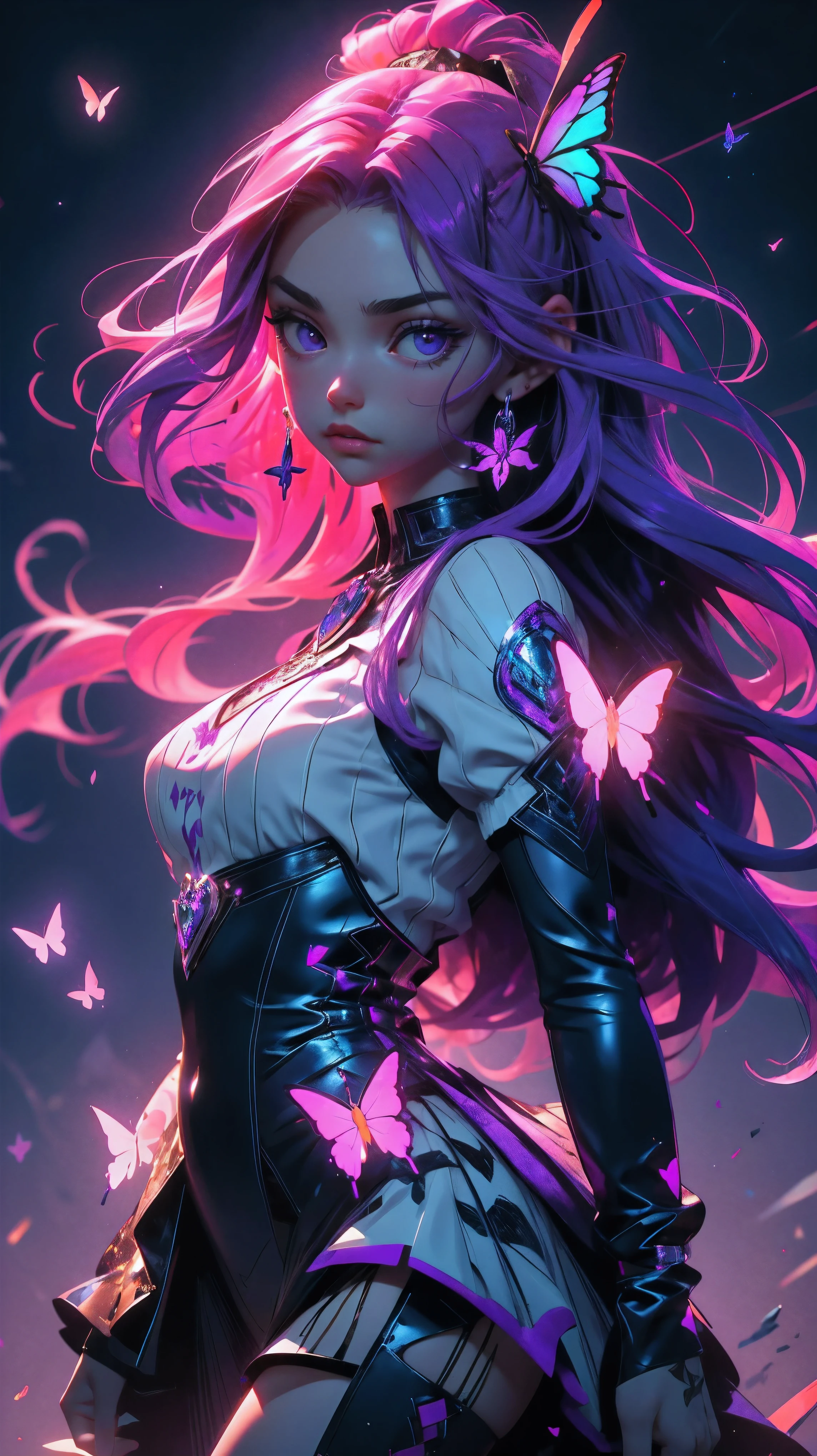 beautiful young girl,purple long hair,purple eyes,neon purple butterflies,(8k,high detailed,high realism:1.2),dark fantasy art