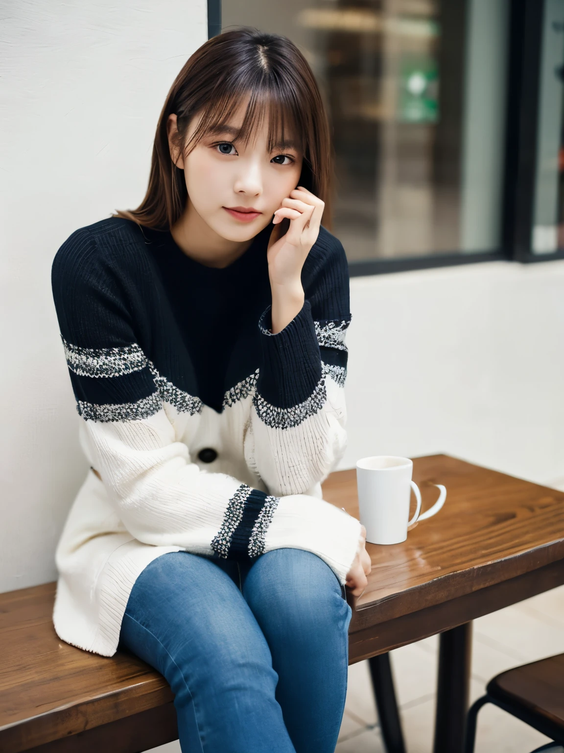 ((Tabletop,highest quality)), (Like the picture:1.4),((Tabletop,8k))、White wall、(White Room)、((Full body photo))、Photographed in natural light、Highly detailed face and skin texture、Highly detailed lips、The correct state of the human body、Ultra-high resolution、(Realistic:1.4)、highest quality, One beautiful woman, 21 years old, s, 80mm lens、Black sweater、The top is a white boa knit.、jeans、boots、Japanese women、(Dark brown hair)、ponytail、Various poses、Looking at the camera、Natural color lip、年齢は21 years old、university student、Starbucks Part-time Job
