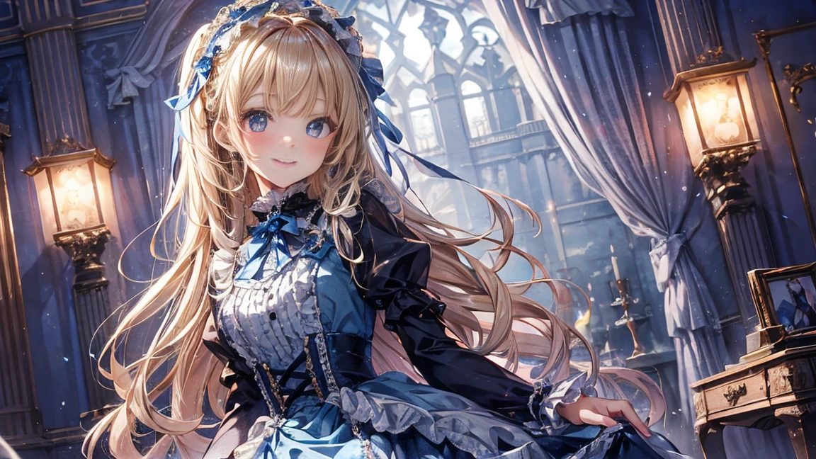 prompt: 8k resolution, Delicate features, , single, Unique pupils, smile, blonde, Princess Cut, Ribbon hair ornament, brooch, Shiny candy blue dress, ta Style, Gothic style, Facing the audience, Otaku Room, Female demon