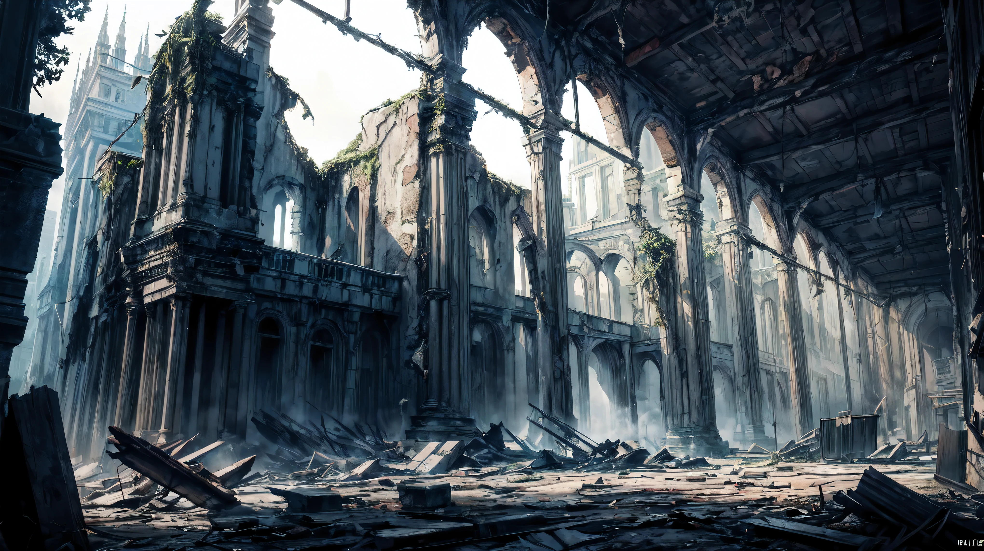 (Dramatic angle,Dynamic angle), (best quality,4k,8k,highres,masterpiece:1.2),ultra-detailed,(realistic,photorealistic,photo-realistic:1.37),(Ruins, Post Revelation:1.1), monochrome,dark and eerie,ancient,mysterious,crumbling architecture,overgrown with nature,collapsed buildings,twisted metal,decay,destroyed civilization,majestic ruins,faded glory,fallen statues,dust and debris,dramatic lighting,beam of sunlight,shadows and contrasts,climbing plants,dilapidated structures,symbol of the past,forgotten memories,loneliness,desolation,destruction,the passage of time,rust and moss,haunting atmosphere,ghostly presence,melancholic beauty,wreckage,remnants of a bygone era,lost civilization,history erased,echoes of the past,at the edge of oblivion.