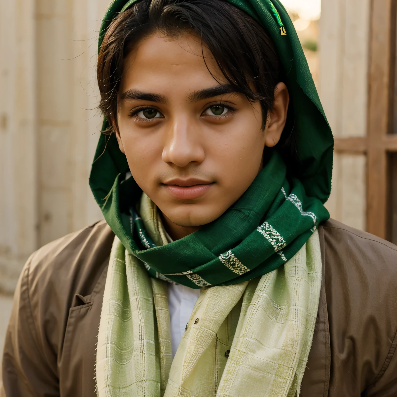 Cute Arab boy with green eyes, light skin and wearing a traditional Arab Scarf