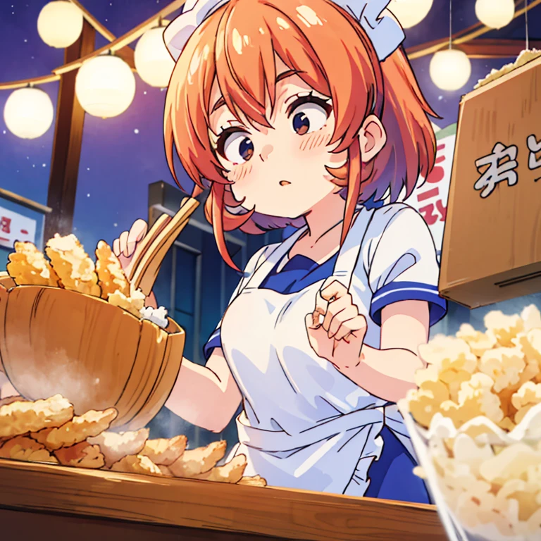 A woman with a towel wrapped around her head making a large amount of tempura at a Korean night market　highest quality　Wearing an apron