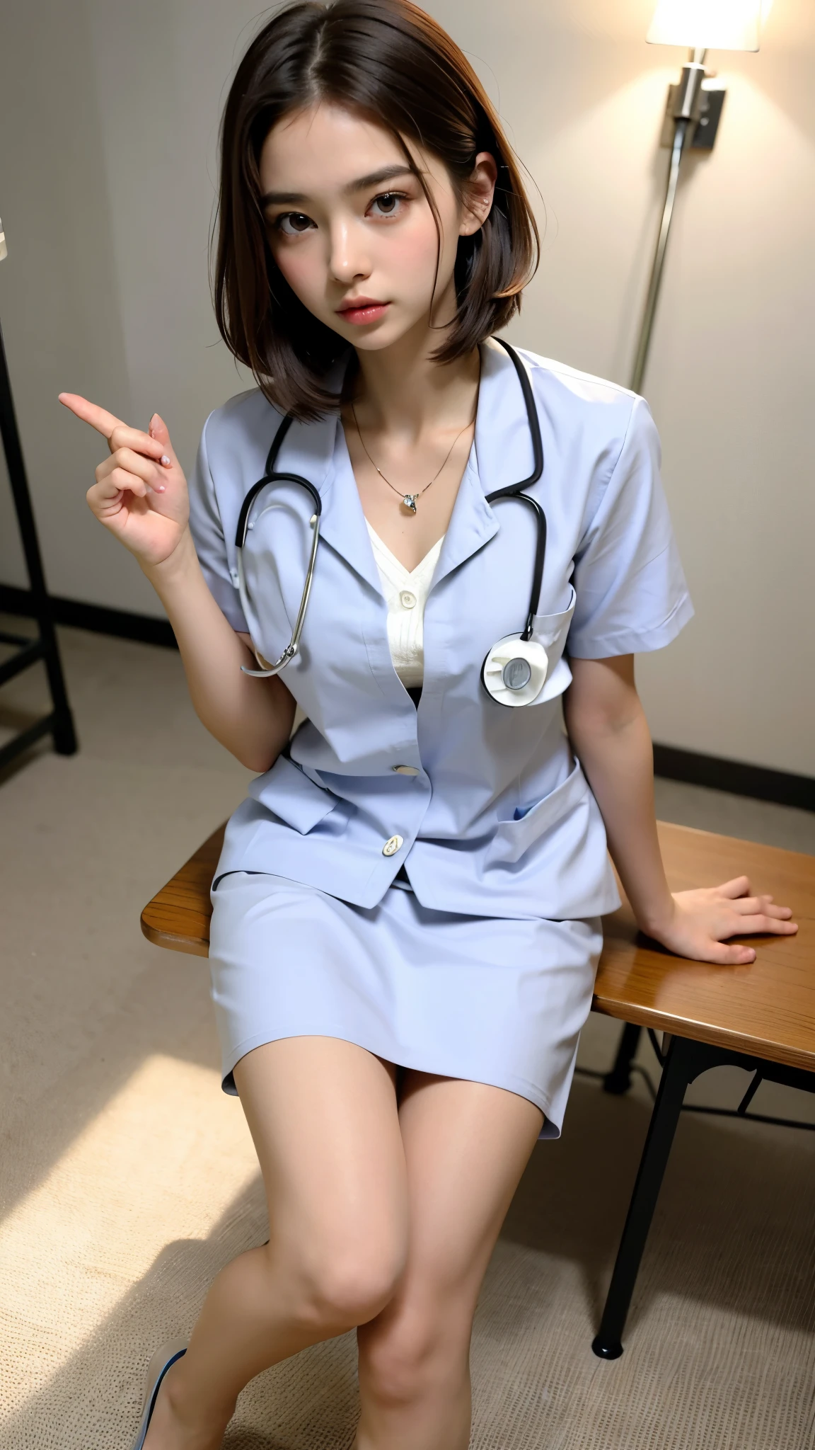 ((full body)), highest quality, Very detailed, In detail, High resolution, 8k wallpaper, Beautiful fine details, Sexy Face, A face of ecstasy, (Professional lighting, light on face), ((1 girl)), cute little, (perfect female slim body), looking at viewer, Beautiful detailed girl, (Detailed fingers), extremely detailed eye and face, beautiful detailed nose, Beautiful detailed eyes, (Japanese High School Student Woman, 18 years old), Neat and clean beauty, (Cute Little), young, ((brown hair, bob hair, short hair, semi long hair, hair sidelocks)), breast, cleavage, soft, ((Doctor Style:1.5)), (hold stethoscope), (wearing pumps), show both legs and pumps, medical fetish, sitting work chair on hospital ward background,