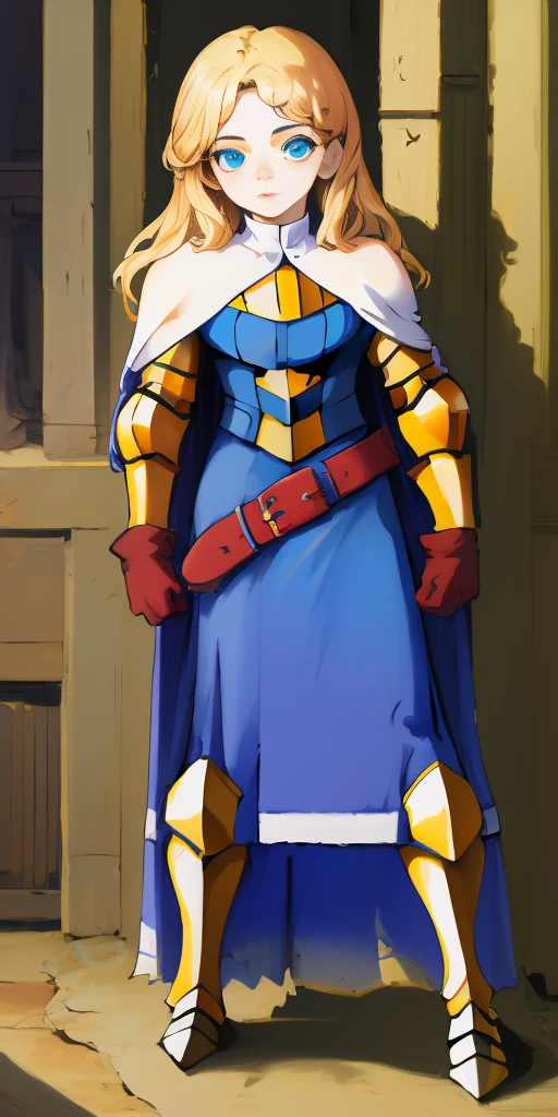(masterpiece, best quality), 1girl, KnightFFT, long hair, blonde hair, blue eyes, cape, armor, blue dress, belt, gloves, boots