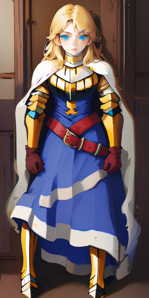 (masterpiece, best quality), 1girl, KnightFFT, long hair, blonde hair, blue eyes, cape, armor, blue dress, belt, gloves, boots