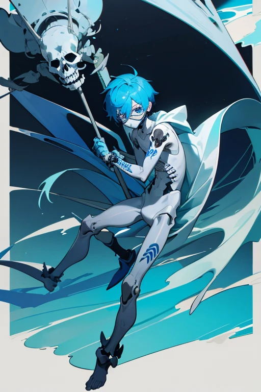  boy, Sky blue hair, ocean blue eyes, full body, Crab Gi, Blue Goggles, Blue Mask, Undead Immortal, Skeleton Blades, Beach House,