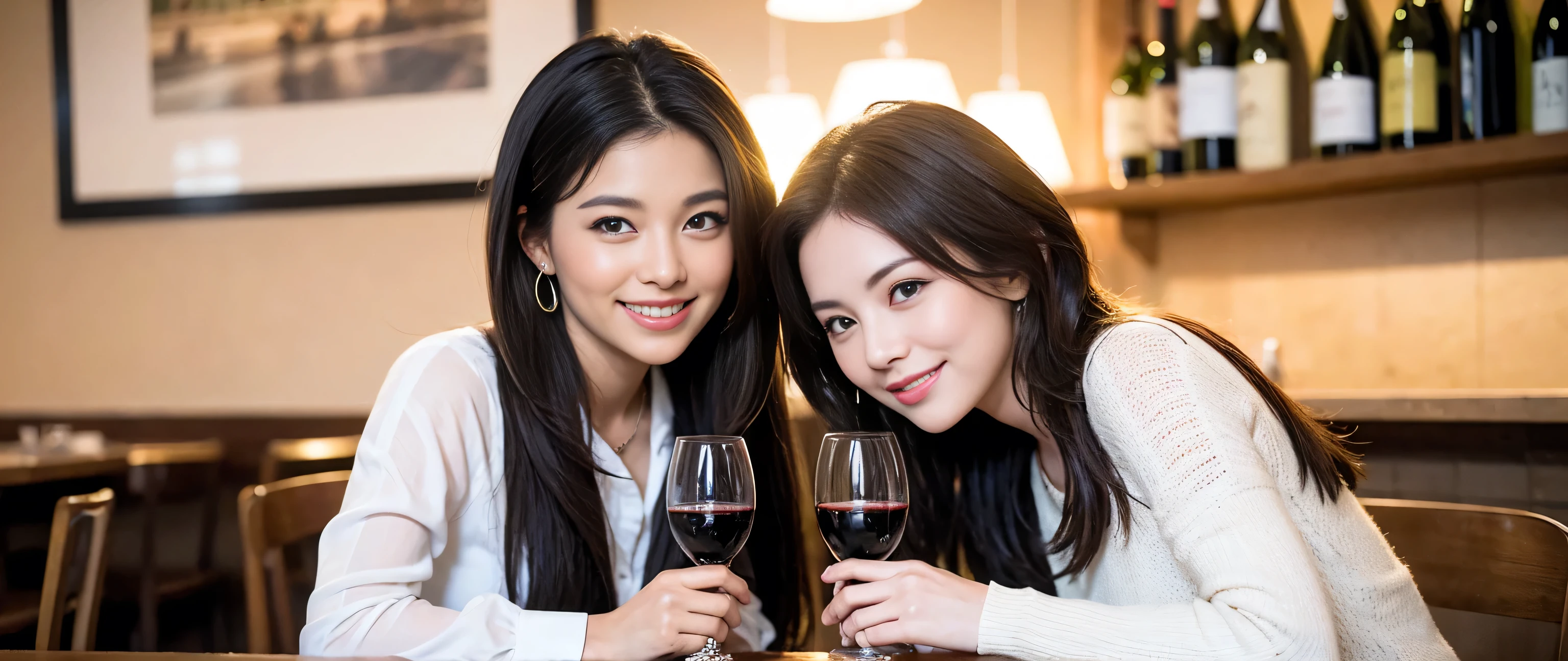 ((highest quality、8k、masterpiece:1.3))、Beautiful woman perfect body:1.4、Beautiful mature woman、Two women who love wine、One Man、Wine glass on the table、Slim body、((Bob Hale、Straight hair:1.2))、 Ultra-high resolution, Bright image、Beautiful Face, blue eyes, Beautiful Eyes, The light shines on your face, Blushing your nose, short hair,Amazing view of the sunset sky and clouds、Amazing mountain views、A bright smile、A lovely woman with a smile、Bright Face、Fox face、Lady、Champagne、Wine bottle、wine glass、red wine 、Appetizers、Italian food、Two beauties、Brown Hair、Shortcuts、Long sleeve shirt、Winter Fashion、dress、Wine bottle、sparkling wine、Pretty Woman 1, (Slim face), (Brown Hair), (Shortcuts), cheeks turn a little red, (36 years old), 39 years old, Attractive beauty、restaurant, Nova Frog Style, actress, model, Upper Body, White wine, slim, wine glass, A wine glass placed in the middle, smile, (smile: 1.15), Beautiful Eyes, Strong light and shadow,Moist Body:1.5、Delicate eyes、Brown Hair、The hair is very shiny、