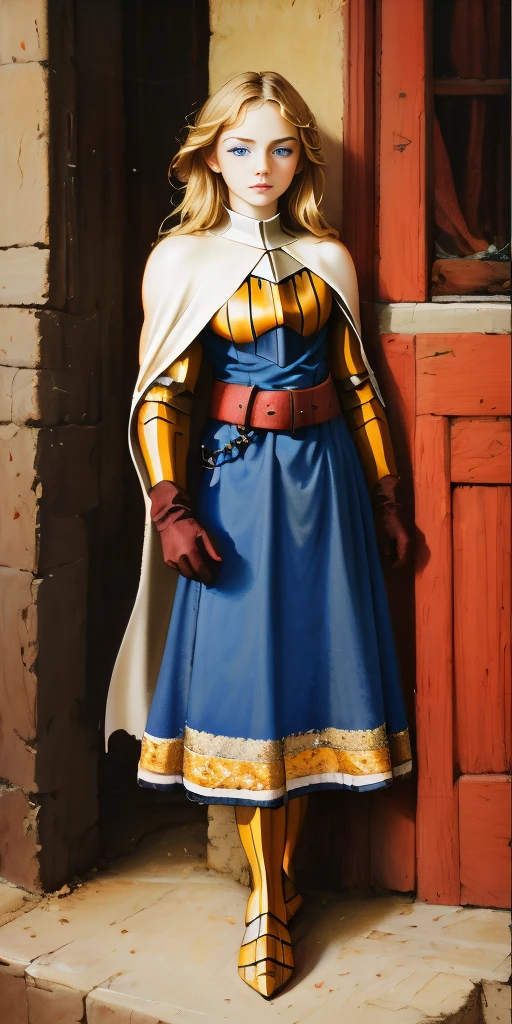 (masterpiece, best quality), 1girl, KnightFFT, long hair, blonde hair, blue eyes, cape, armor, blue dress, belt, gloves, boots