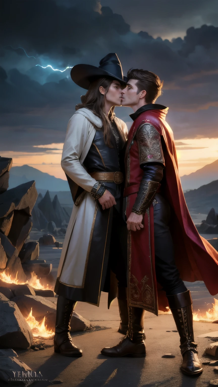 two men, 2boys, masculine, masterpiece, hyper realistic image of extremely attractive 30 year old man, round face and stylish silver hair, wearing luxurious red renaissance wizard robes, exposed chest, ornate luxurious wide brim pointy witch hat, tall leather boots, passionately kissing another handsome 30 year old latino man with light brown hair, storm clouds in the background, lighting strikes, ground on fire, highly detailed, intricate details, sharp focus, dynamic lighting, dynamic shadows, no watermark