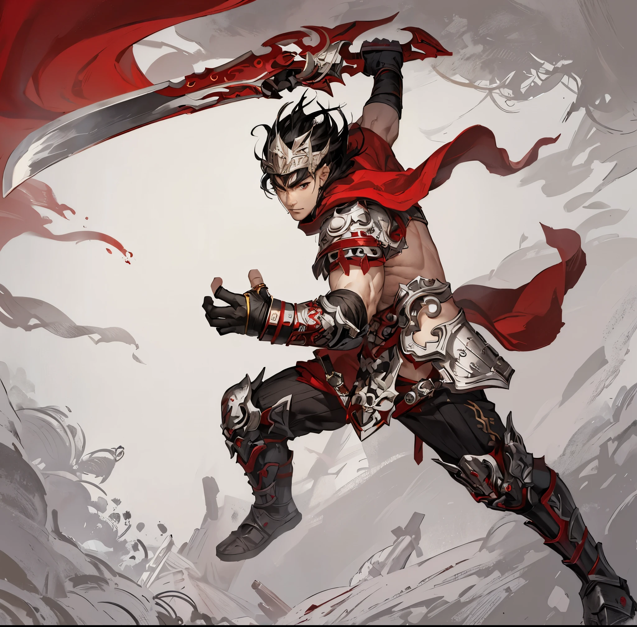 male，warrior，Silver armor with gold trim，Red belt，Silver Knife，Black hair，Red bracers，Red Boots，Three Kingdoms，warrior，Gray background，White background