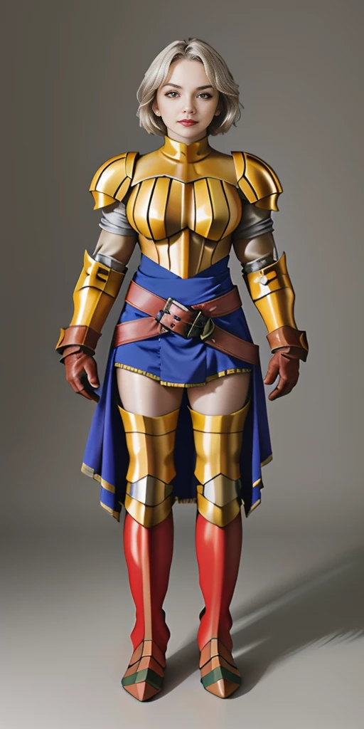 (masterpiece, best quality, 4k, 1girlsolo, 1MILF, mmplatz, smile, red cheeks, plain background:1.2) perfect face, perfect lighting, mature whsororitas with gloves red gauntlets in her hands like Cammy White from Street Fighter, bob white hair, warhammer 40k power armor suit with loincloth, red eyes like rubies, full body RED armor, view from below, looking to the viewer, arms to the sides empty hands, RED military boots, silver skull ornament attached to crossing 2 belt wide hips, 2 long legs, Female Knight (Final Fantasy Tactics)