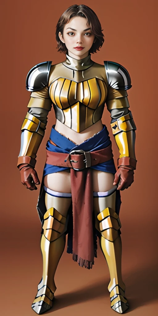 (masterpiece, best quality, 4k, 1girlsolo, 1MILF, mmplatz, smile, red cheeks, plain background:1.2) perfect face, perfect lighting, mature whsororitas with gloves red gauntlets in her hands like Cammy White from Street Fighter, bob white hair, warhammer 40k power armor suit with loincloth, red eyes like rubies, full body RED armor, view from below, looking to the viewer, arms to the sides empty hands, RED military boots, silver skull ornament attached to crossing 2 belt wide hips, 2 long legs, Female Knight (Final Fantasy Tactics)
