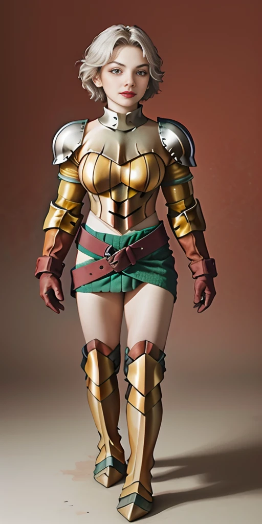 (masterpiece, best quality, 4k, 1girlsolo, 1MILF, mmplatz, smile, red cheeks, plain background:1.2) perfect face, perfect lighting, mature whsororitas with gloves red gauntlets in her hands like Cammy White from Street Fighter, bob white hair, warhammer 40k power armor suit with loincloth, red eyes like rubies, full body RED armor, view from below, looking to the viewer, arms to the sides empty hands, RED military boots, silver skull ornament attached to crossing 2 belt wide hips, 2 long legs, Female Knight (Final Fantasy Tactics)